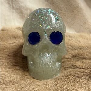 Glittery Skull Decor with Blue Eyes 4”